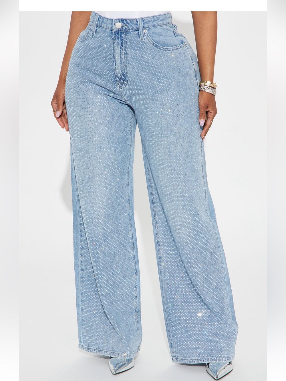 High-Waist Straight Leg Rhinestone Jeans - Light Blue very sparkly ✨